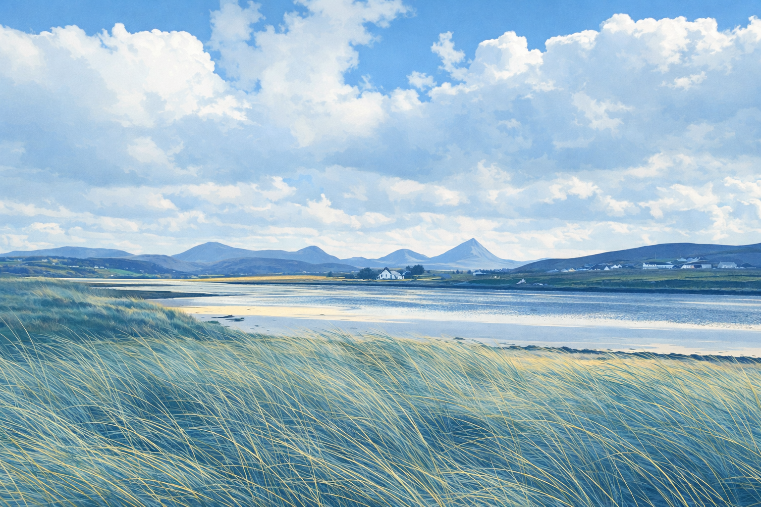 Atlantic coastline with mountain backdrop in soft evening light
