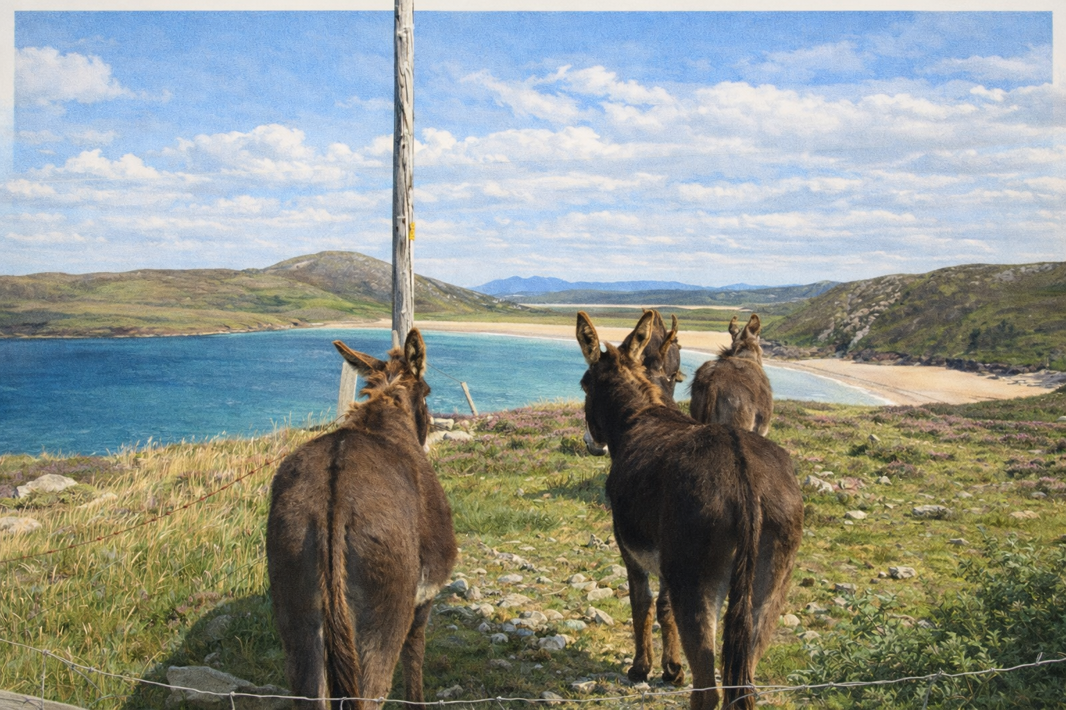 Donkeys overlooking a bright Atlantic bay