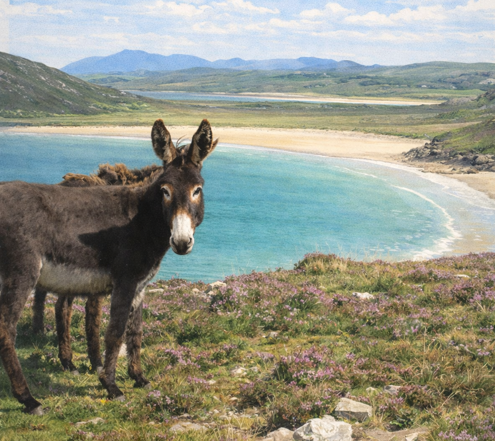 Coastal bay view with donkeys on the hillside