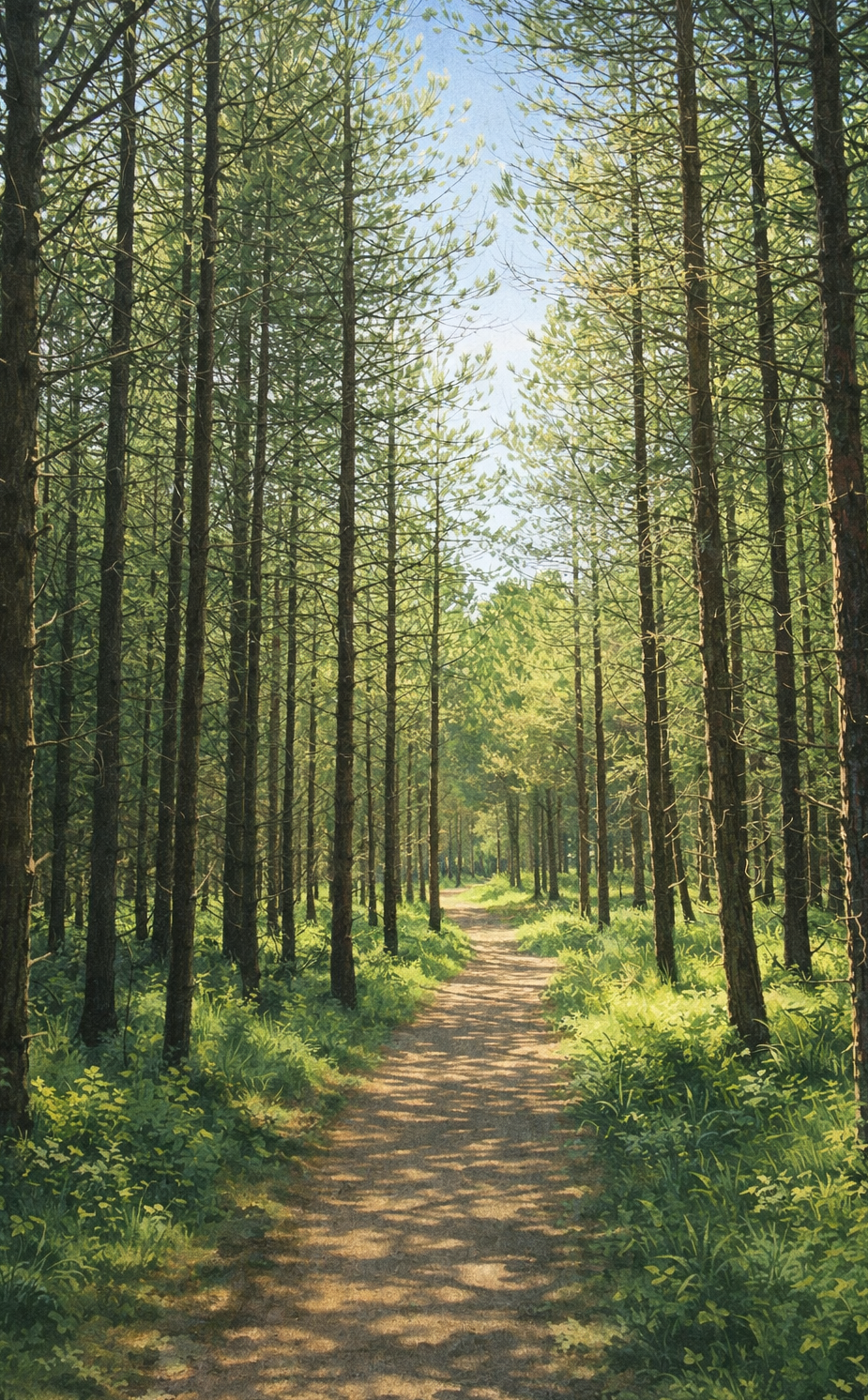 Sunlit woodland path through tall pines